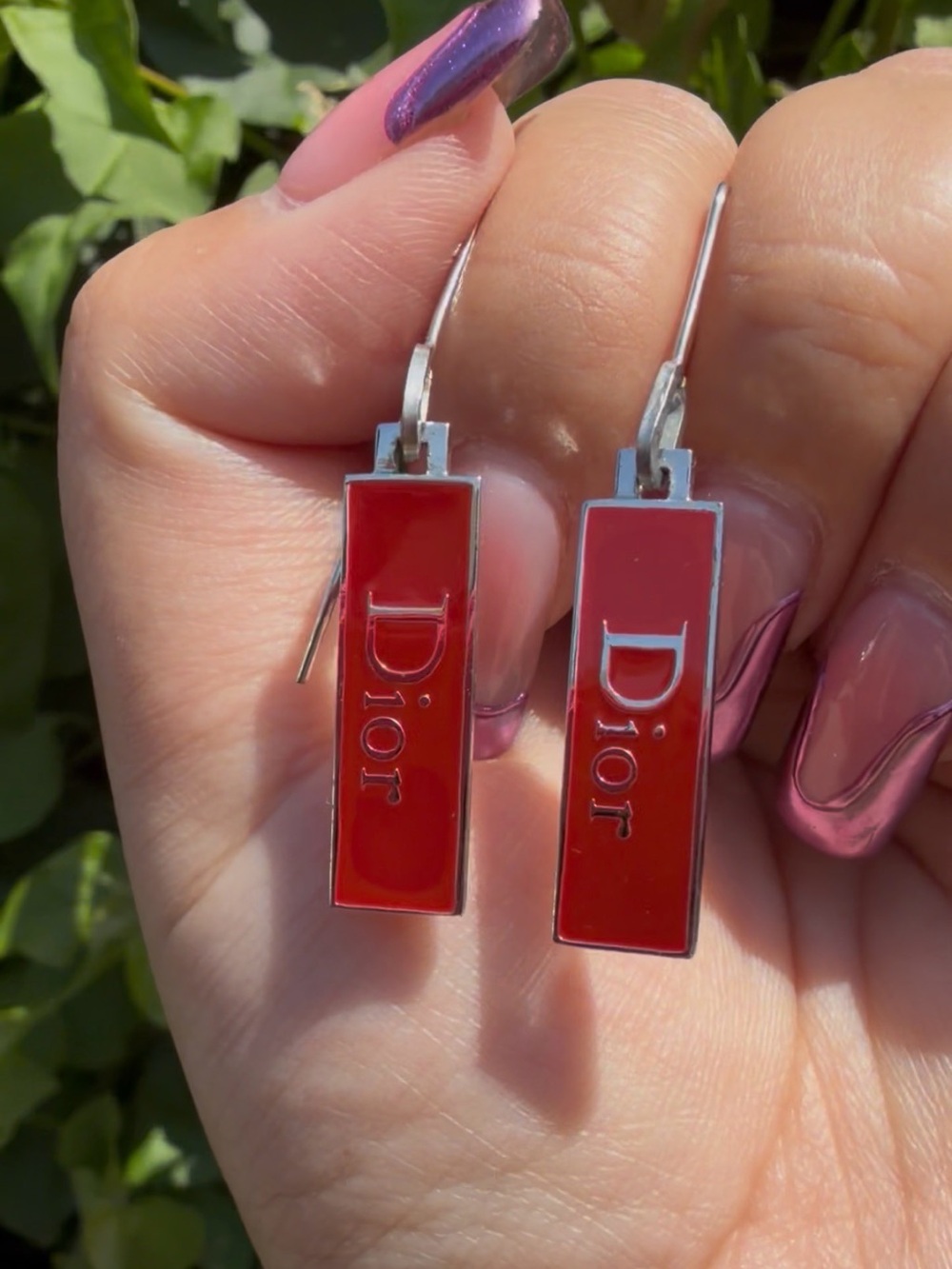 Dior Red Enamel Drop Earrings with Silver-Tone Trim